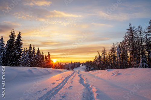 Fototapeta Naklejka Na Ścianę i Meble -  winter sunrise in the forest, snow-covered road on Holica in the Bieszczady Mountains