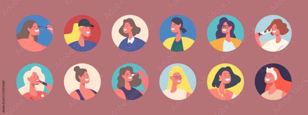 Set of Women Avatars, Female Characters with Different Appearance Care for Face and Applying Cosmetics or Makeup Set of Women Avatars, Female Characters with Different Appearance Care for Face and Applying Cosmetics or Makeup