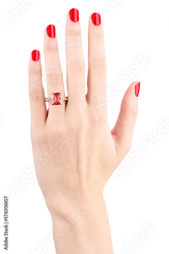 Diamond Ring. Wedding Ring. Close up Diamond ring on woman's finger before wedding. Close up of elegant diamond ring on the finger.