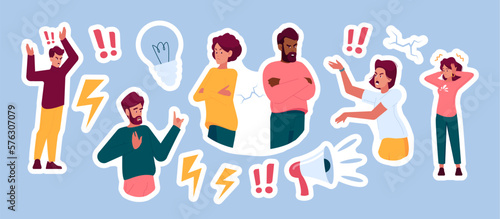 Set of Stickers Couple Quarrel, Conflict, Trouble, Breakup Isolated Patches. Anxious Partners Shout on Each Other