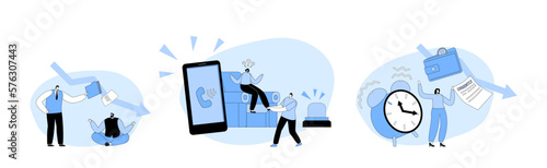 Set Problem Ignoring. Characters Avoid Difficulties Prefer Ignoring Urgent Issues At Work And Life Vector Illustration