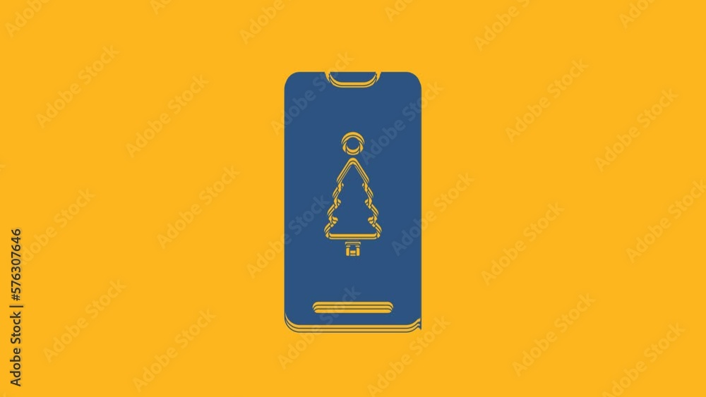 Blue Smartphone with gift box on the screen icon isolated on orange background. Merry Christmas and Happy New Year. 4K Video motion graphic animation Blue Smartphone with gift box on the screen icon isolated on orange background. Merry Christmas and Happy New Year. 4K Video motion graphic animation