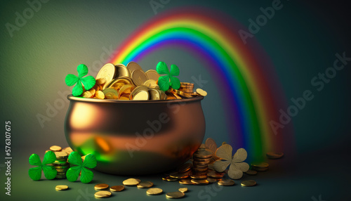 A pot full of gold coins, shamrock clover and rainbows, St Patrick's day concept