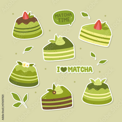 Cute matcha green tea snacks sticker set collection vector design