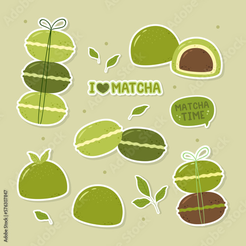 Cute matcha green tea macaroons and mochi sticker set collection vector design