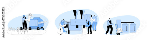 Set Agriculture Characters Producing Flour Concept. Wheat Manufacture Process, Bread Industry Vector Illustration