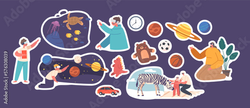 Set Of Stickers Kids And Parents Wear Vr Glasses Use Futuristic Modern Technology For Game And Education