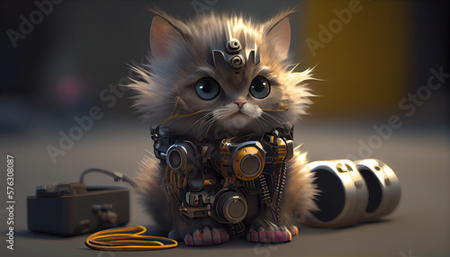 Futuristic Feline Mechanic: The Adorable Cyberpunk Cat, Cute Mechanic Cat in a Cyberpunk World, Mechanized Meow photo