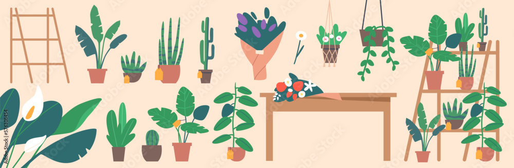 Set of Flower Shop Interior Furniture, Items and Plants. Beautiful Blooms On Display Shelf, Table and Wooden Rack Set of Flower Shop Interior Furniture, Items and Plants. Beautiful Blooms On Display Shelf, Table and Wooden Rack