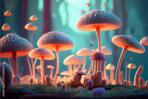 Fantastic mushrooms in forest.s in a fairy forest. The magic world of mushrooms. High quality illustration.