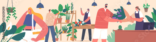 Flower Shop Interior With Customers Choosing And Buying Flower Bouquets, Florist Women Caring Of Plants