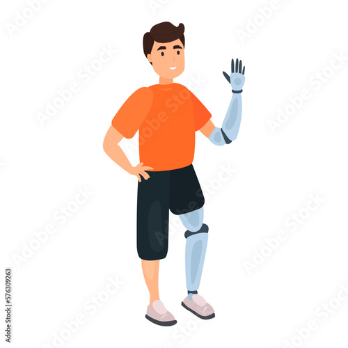 Man with prosthetic leg and hand flat icon. Colored vector element from disabled collection. Creative Man with prosthetic leg and hand icon for web design, templates and infographics.