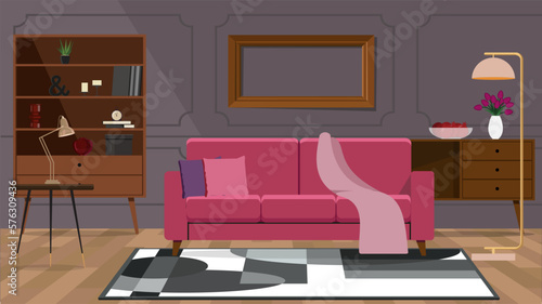 Pink sofa illustration with pillows and blanket, vintage cupboard in the background in a glamorous living room interior.