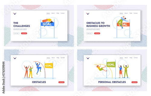 Overcome Obstacles Landing Page Template Set. Business Characters Jumping over the Hurdle with Pole, Vector Illustration