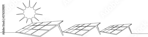 continuous single line drawing of solar power photovoltaic system, line art vector illustration