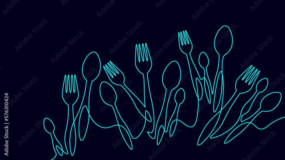 Naklejka premium One line table spoon forks dinner lunch concept. Cafe menu decoration border silhouette continuous line doodle cooking dining supply vector illustration