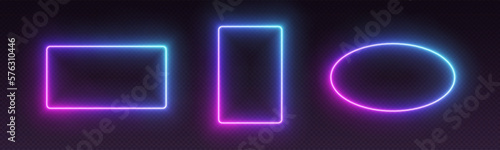 Neon gradient frames, glowing borders set, colorful futuristic UI design elements. Vibrant geometric shapes, modern signs collection. Bright circle, square and rectangle vector decorations.