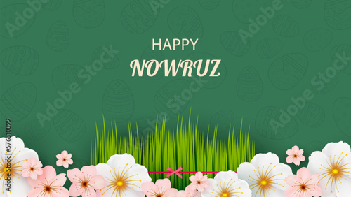 Postcard with Novruz holiday. Novruz Bayram background template. Spring flowers, painted eggs and wheat germ. Festive banner. photo