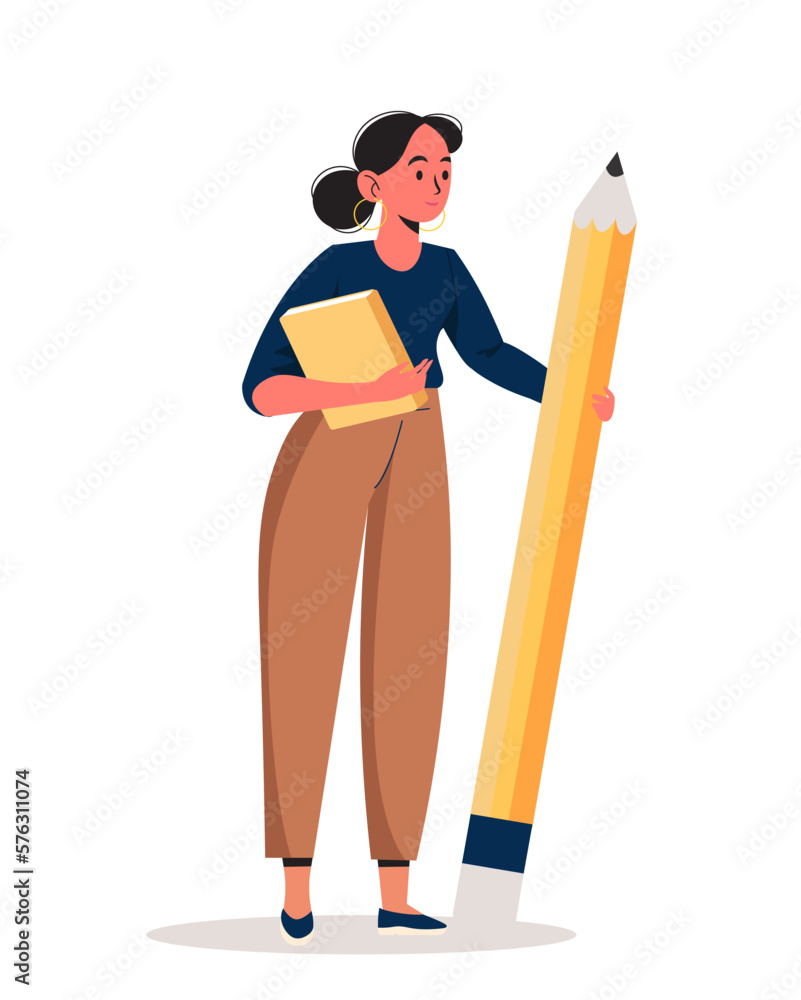Business woman holds big pencil. Confident female writer or content manager stands with pen. Copywriting and blogging concept. Journalists, editors, creators. Vector illustration isolated on white Business woman holds big pencil. Confident female writer or content manager stands with pen. Copywriting and blogging concept. Journalists, editors, creators. Vector illustration isolated on white