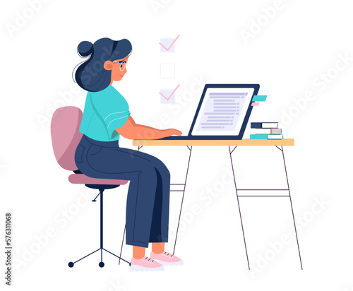 Happy person with laptop computer. Freelance worker at online remote work. Freelancer working through internet at home. Teenager girl studying online. Flat vector illustration isolated on white