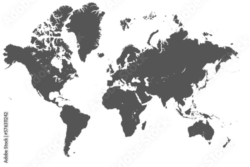 Flat wold map with continent silhouettes. Global word map on transparent background. 