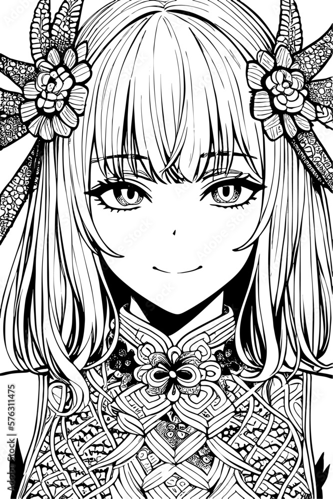 A beautiful girl, featuring decorations and costumes, doodle, coloring book. Vector illustration A beautiful girl, featuring decorations and costumes, doodle, coloring book. Vector illustration