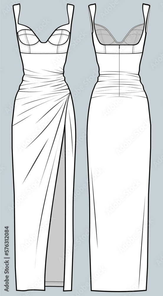 couture dress design, Dress fashion flat technical drawing