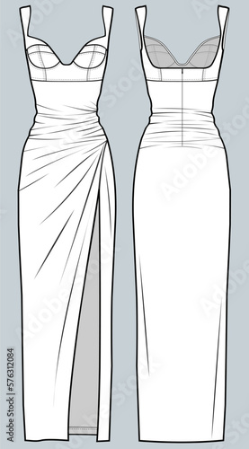 couture dress design, Dress fashion flat technical drawing template, Fashion Flat Sketch, Apparel Design Template women, front view, back view, white, CAD mockup. 