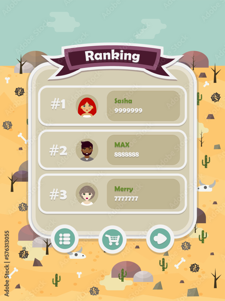 Menu of graphical user interface on screen of 2d mobile game application in flat cartoon style with hot desert or deathly barren / valley theme Menu of graphical user interface on screen of 2d mobile game application in flat cartoon style with hot desert or deathly barren / valley theme