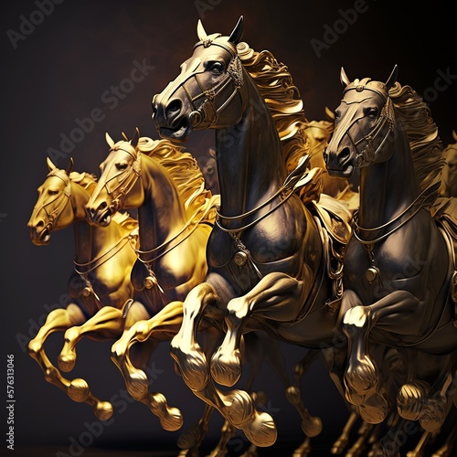 an army on golden horses galloping in sight black background gold  through water bronze dark history Generative AI  © Gerg