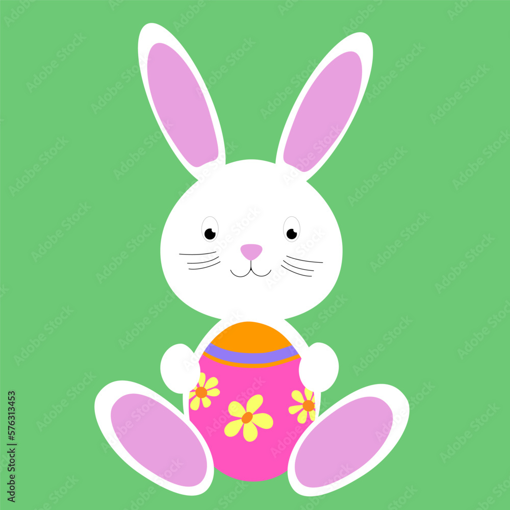 An Easter cute bunny holds an egg. Vector graphics. An Easter cute bunny holds an egg. Vector graphics.