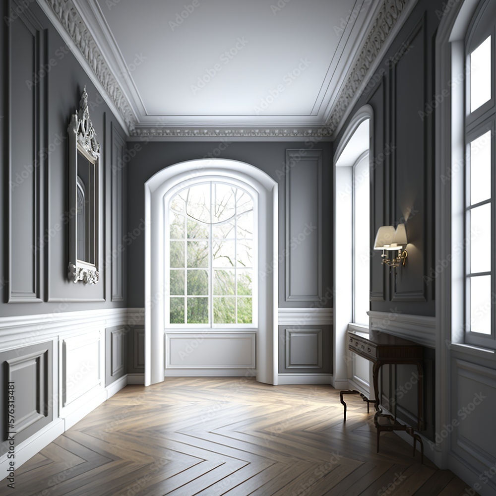 Classical empty room interior 3d render,The rooms have wooden floors and gray walls ,decorate with white moulding,there are white window looking out to the nature view Generative AI