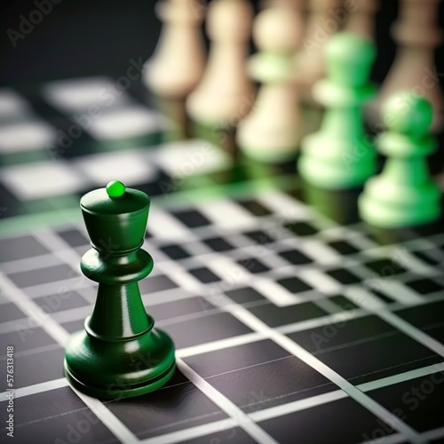 Fototapet Chess board pawn with green finance graph for success trading strategy on backgr