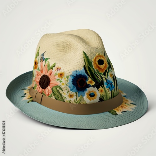 straw hat with rose pattern protection against heat hot summer woman fashion style flowers cool designf or travel vacation UV radiation Generative AI photo