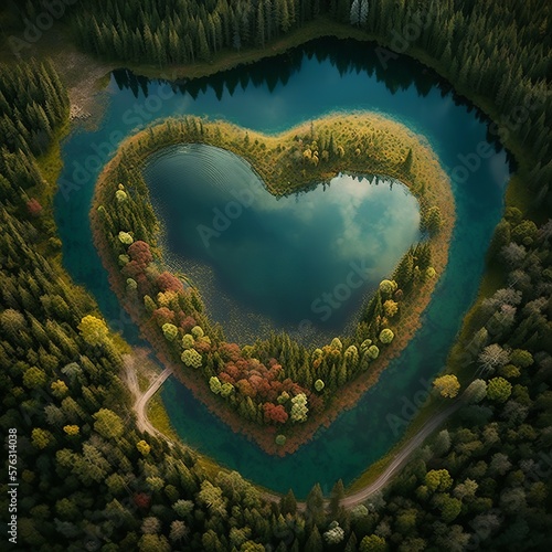 Heart-shaped lake in beautiful forest, aerial view background illustration. Valentine love romance romantic landscape top view with drone water island trees vacation summer Generative AI © Gerg