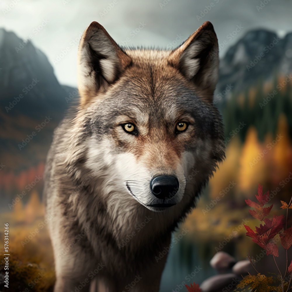 Fototapeta premium Realistic wolf on a nature background, generative AI
