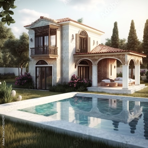 Luxurious villa with pool exterior outdoor swimming pool storey building with trees clean air large glass windows modern style water blue travel vacation business Generative AI 