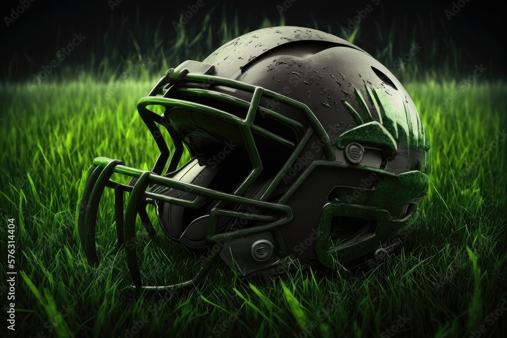 American football helmet on the grass. Generative AI American football helmet on the grass. Generative AI