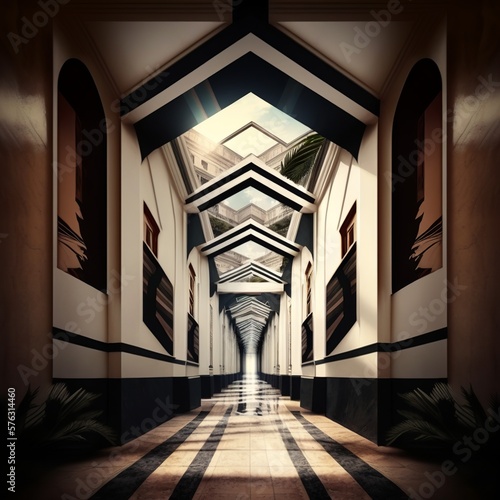 modern passage long corridor architecture building leads to infinity gate patterned hall Generative AI