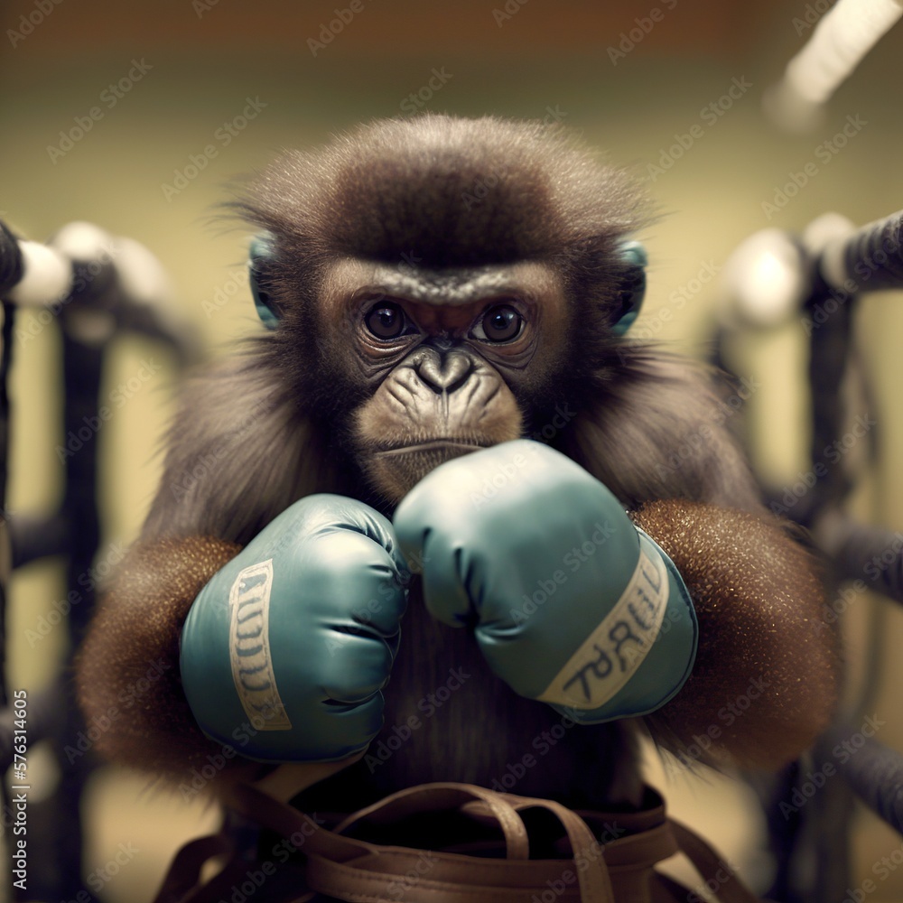 nervous monkey in boxing gloves knock out ring blue red black clenched fist  mammal cute angry bumm you see stars funny portrait warlike beat one lower  right hook Generative AI Stock Illustration