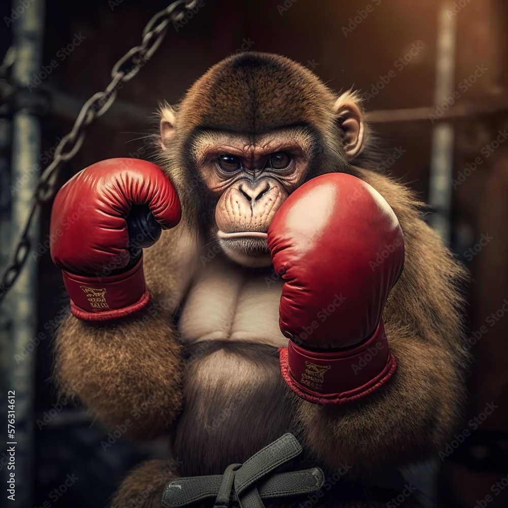 Poster Print nervous monkey in boxing gloves knock out ring blue red black clenched fist mamm 40x40 cm