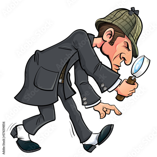 Sherlock Holmes looking for clues . He stares through a magnifying glass