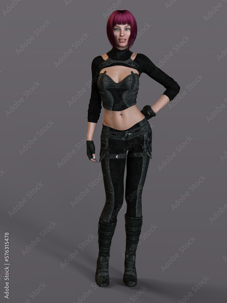3D-illustration of an female rogutlike ninja fighter fighter in a nanosuit with guns 3D-illustration of an female rogutlike ninja fighter fighter in a nanosuit with guns