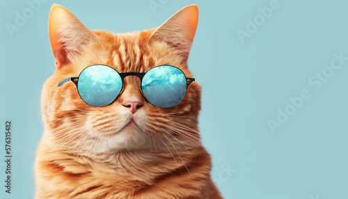 Closeup portrait of funny ginger cat wearing sunglasses isolated on light cyan. Copy space. Generative ai