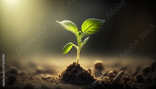 A close up macro shot of a green seedling illuminated by sunlight. Generative AI