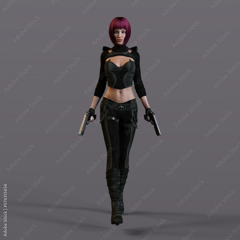 3D-illustration of an female rogutlike ninja fighter fighter in a nanosuit with guns 3D-illustration of an female rogutlike ninja fighter fighter in a nanosuit with guns