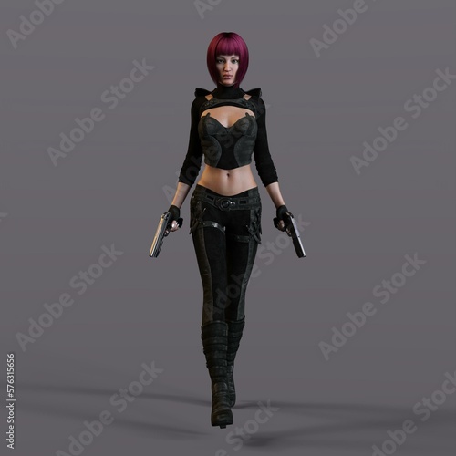 3D-illustration of an female rogutlike ninja fighter fighter in a nanosuit with guns