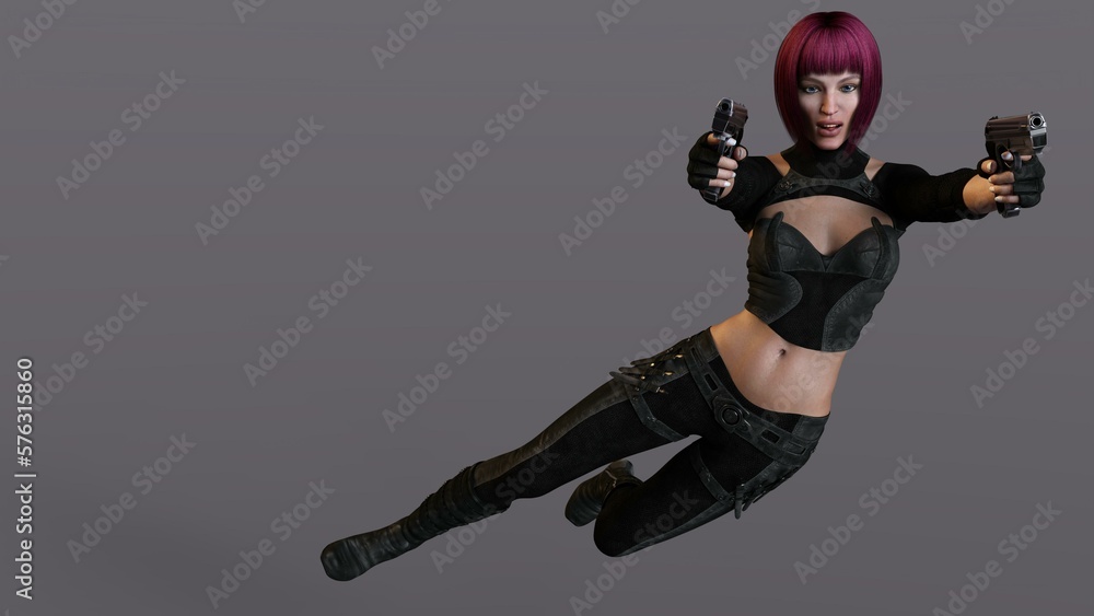 3D-illustration of an female rogutlike ninja fighter fighter in a nanosuit with guns 3D-illustration of an female rogutlike ninja fighter fighter in a nanosuit with guns