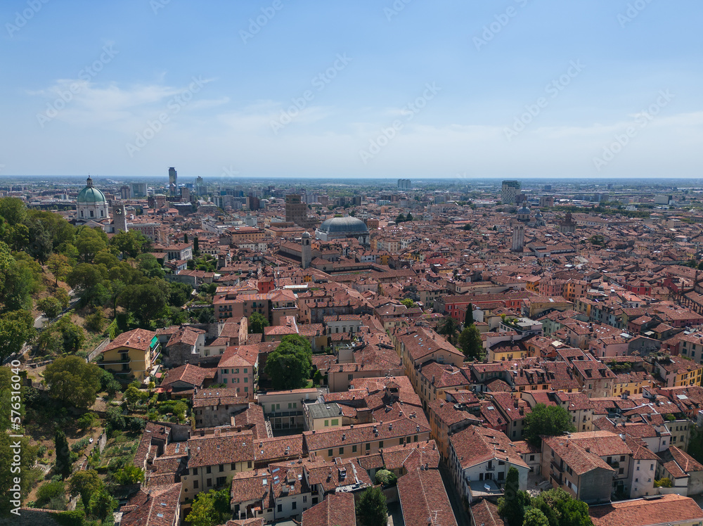 Panoramic drone view of the old town of the Brescia city with main attractions. Lombardy, Italy