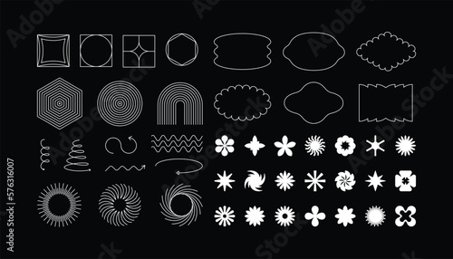 Vector set of minimalist brutalist design elements, futuristic shapes and geometric figures and stars - abstract background elements for branding, packaging, prints and social media posts